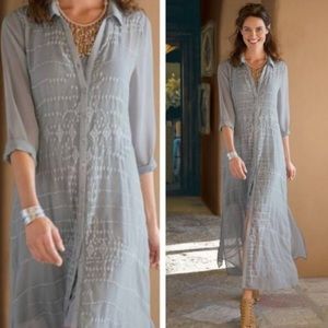 Soft Surroundings Ibiza Embroidered Georgette Button Chiffon Maxi Shirt Dress